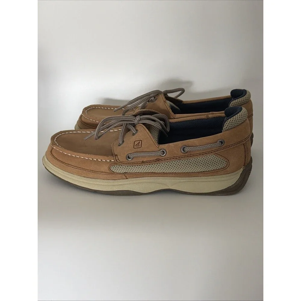 Sperry Top-Sider Lanyard Boat Shoes Boys Sz 5.5 Tan Leather Loafer Slip On EUC